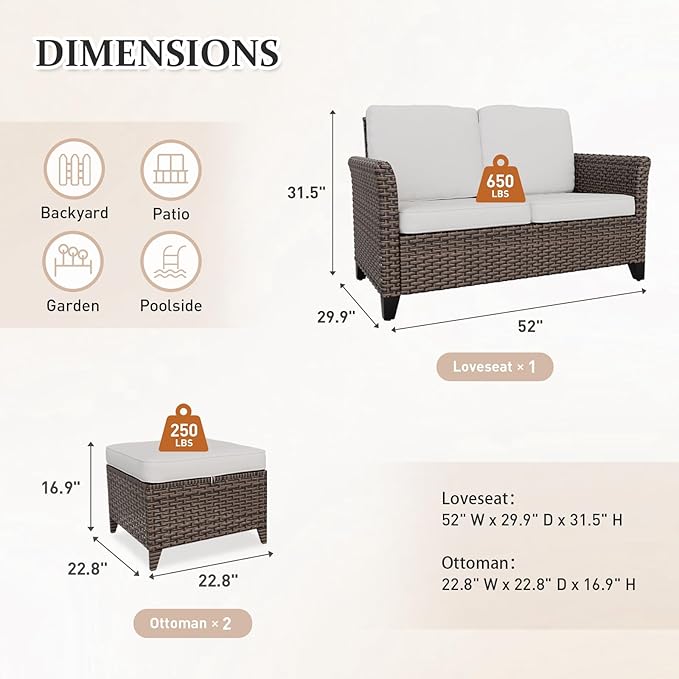 Canyon Ridge Wicker Patio Sofa with 2 Ottomans, Small Balcony Furniture, Outdoor Furniture Set, 2 Seat Loveseat, Brown/Beige