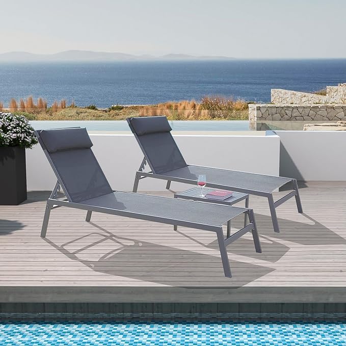 Domi Patio 3 Pieces Textilene Chaise Lounge Set with Side Table Outdoor,Adjustable Back&Pillow for Yard,Garden,Sunbathing,for All Seasons,Grey