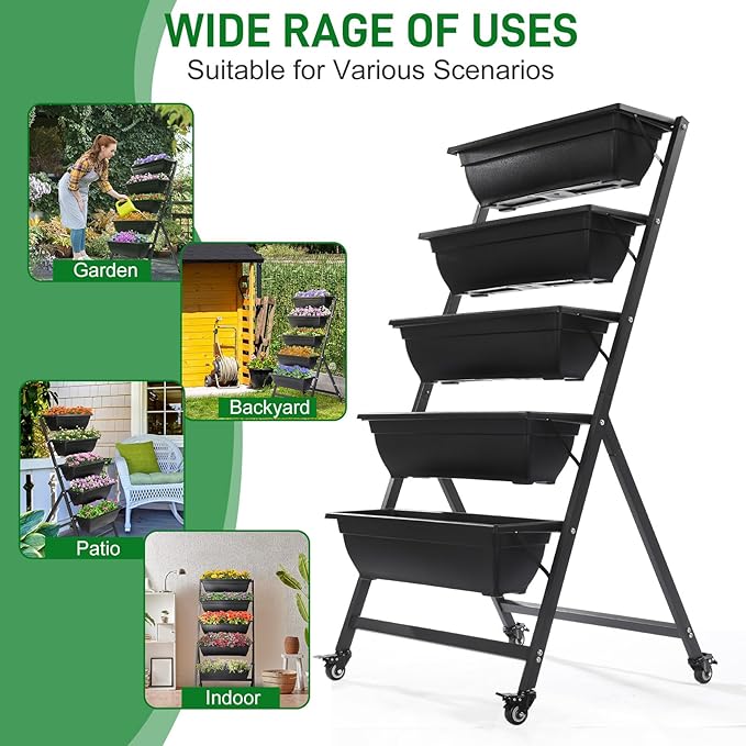 5 Tier Vertical Raised Garden Bed,Plastic & Metal Tiered Planter Stand,Foldable Indoor/Outdoor Plant Display Rack,Flower Planter Raised Stand,with Wheels,for Patio Lawn Porch Yard Balcony (Black)