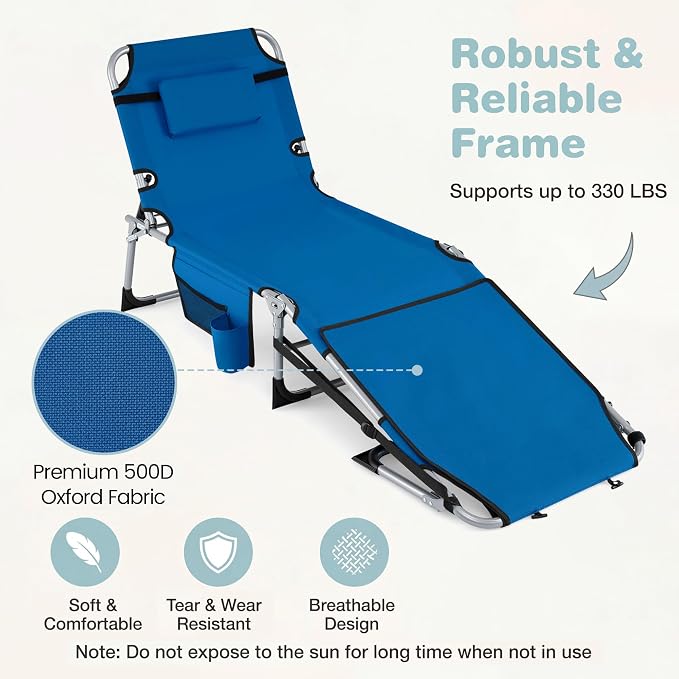 Giantex 2-Pack Tanning Chair with 5 Adjustable Position, Face & Arm Hole, Hand/Shoulder Strap, Removable Pillow, Side Pocket, 330 Lbs Capacity, Lounge Chair Outdoor for Beach, Sunbathing, Blue
