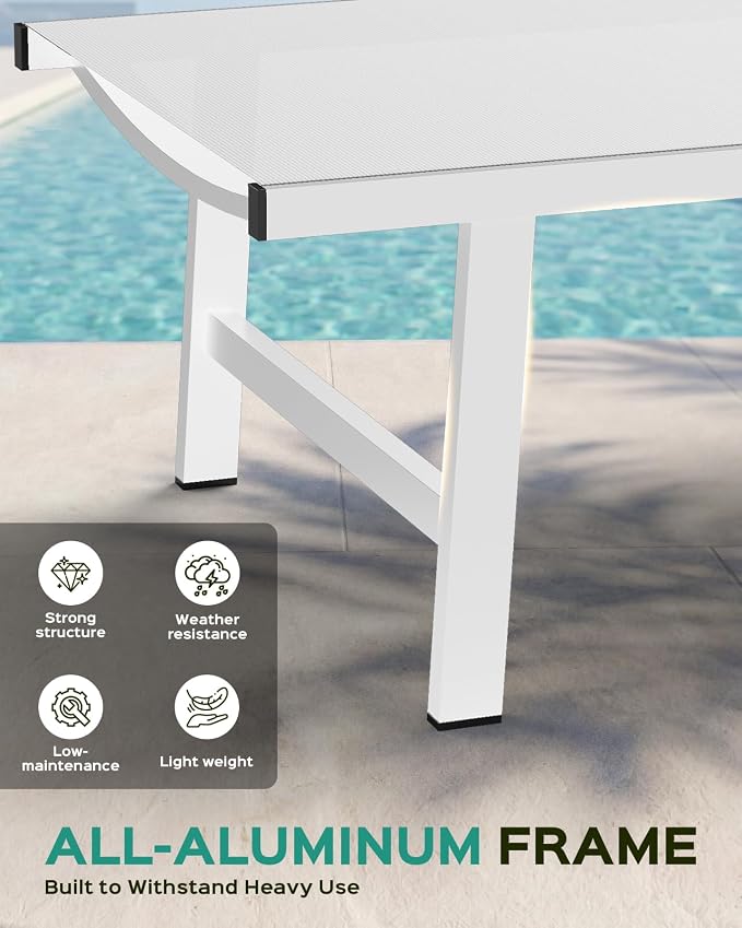 Vexwalx Patio Chaise Lounge Chair Outdoor with Wheels&Armrests, Aluminum Pool Lounge Chairs 5-Position Adjustable Recliner, Outdoor Beach Lounge Chairs for Outside, Patio, Deck, Yard, White
