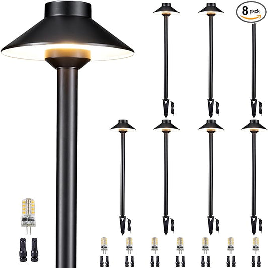 Gardenreet Brass Low Voltage Path Lights - 12V LED Landscaping Pathway Light IP65 Waterproof, Wired Walkway Lighting Outdoor, Black for Lawn Area Backyard with 3W 2700K Warm White G4 Bulb (8 Pack)