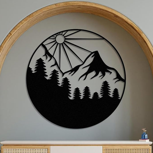 Sunlit Mountain Forest Landscape Metal Wall Art, Round Nature-Inspired Decor for Living Room, Bedroom, Patio, or Outdoor Spaces, Minimalist Pine Tree and Mountain Scenery Design, Rustic Home Accent for Nature Lovers (18 x 18 inches)