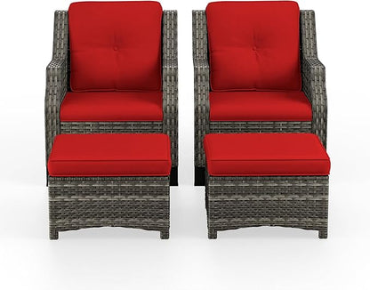 4 Piece Patio Furniture Set, 2 Chairs and 2 Ottomans PE Wicker Footstool, Outdoors Rattan Conversation Set with Deep Seating and Olefin Cushions, for Backyard, Garden, Red