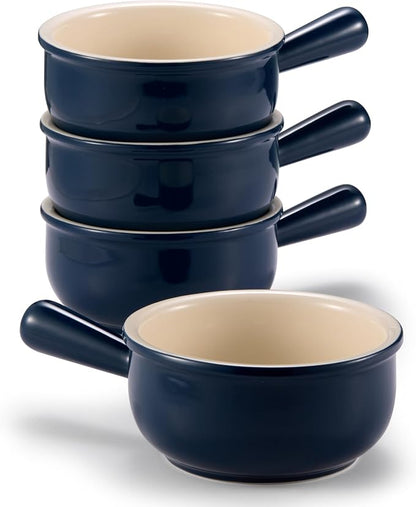 KooK French Onion Soup Bowls, French Onion Soup Crocks, Soup Bowl with Handles, 15 oz, Set of 4, Ceramic Bowls, Microwave, Dishwasher Safe & Oven safe, Stoneware,(Navy)