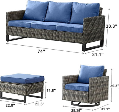 Rilyson Wicker Outdoor Patio Furniture Set - 7 Piece Patio Conversation Set with 4 Swivel Rocker Chairs,2 Rattan Ottoman and 1 Couch for Outside Porch Deck Backyard(Mixed Grey/Blue)