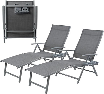 Kozyard Cozy Aluminum Reclining Lounge Chair - Perfect for Beach, Yard, Pool, Deck, and Patio - Outdoor Chaise Lounge with Drink Holder, Weather Free, Adjustable - Assemble-Free (2 Pack, Gray)