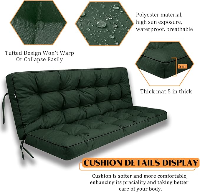 Swing Replacement Seat Cushions, 2-3 Seater Bench Cushions for Outdoor Furnitur with Backrest, Garden Recliner Seat Cushions Waterproof Sofa Pads (Dark Green, 70.8x40in)