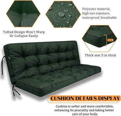 Swing Replacement Seat Cushions, 2-3 Seater Bench Cushions for Outdoor Furnitur with Backrest, Garden Recliner Seat Cushions Waterproof Sofa Pads (Dark Green, 55x40in)