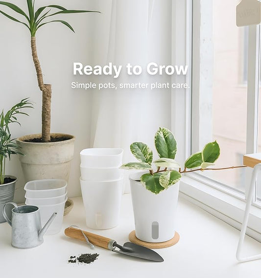 8 Pack 4" Self Watering Pots for Indoor Plants, Clear Inner Cup, Small White Plastic Planters, Water Level Indicator, Drainage Holes, Extra 3ft Wick, Cuttings,Seedlings,Herb,African Violets