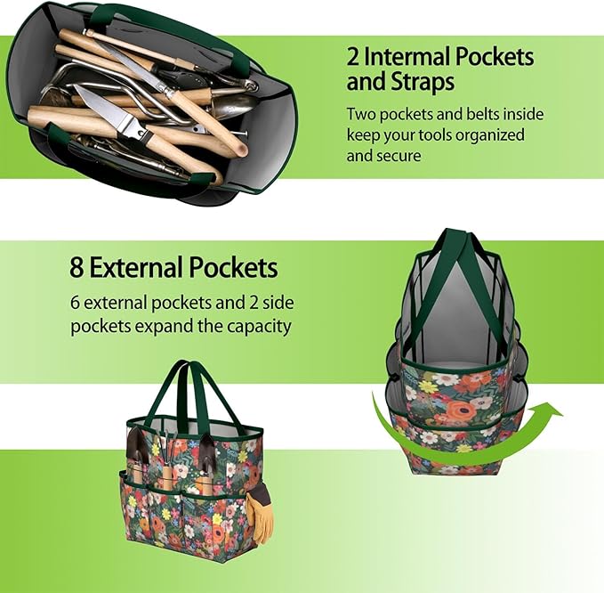Daisy Flowers Garden Tool Bag - Waterproof Garden Tote with 8 Pockets, Large Storage Home Organizer Gardening Tool Oxford Bag for Garden Tools Kits Holder, Ideal Outdoor Gardening Gift for Women & Men