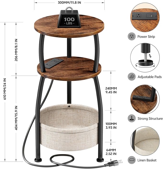 Side Table with Charging Station, Small Round End Table with Basket, USB and Type C Port, 3 Tiers Sofa Couch Table for Living Room Bedroom, Small Spaces, 11.81in Rustic Brown