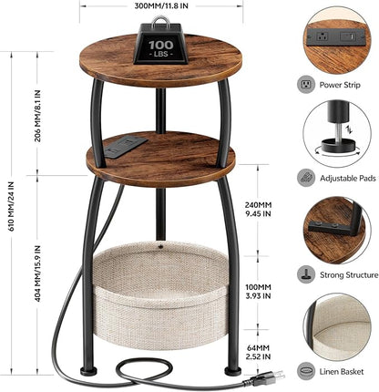 Side Table with Charging Station, Small Round End Table with Basket, USB and Type C Port, 3 Tiers Sofa Couch Table for Living Room Bedroom, Small Spaces, 11.81in Rustic Brown