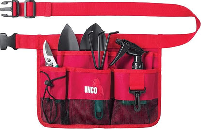 UNCO- Adjustable Gardening Belt, Red, 7 Pockets, Wear, Cut and Water Resistant, Garden Tool Belt Pouch, Waist Apron with Pockets