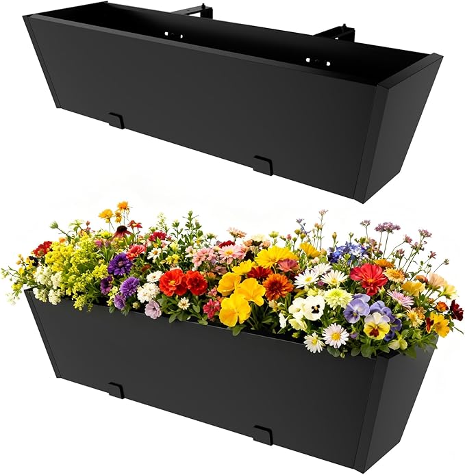 2PC Railing Planter for Outdoor Plants 36 Inch Metal Hanging Planters Pots with Adjustable Brackets and Drainage Railing Planter Boxes Hanging Flower Pots for Balcony Deck Railings Apartment Patio Dec