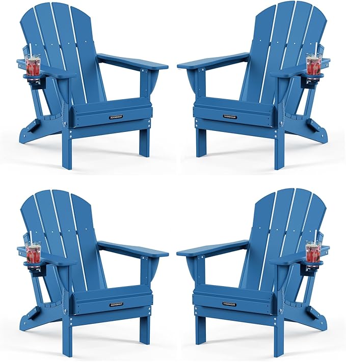 MUCHENGHY Folding Adirondack Chairs HDPE Weather Resistant 4 Pack, Patio Firepit Chairs, Sturdy Outside Chair, Lawn Chairs, 15min Assembly 380lb, Royal Blue
