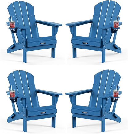 MUCHENGHY Folding Adirondack Chairs HDPE Weather Resistant 4 Pack, Patio Firepit Chairs, Sturdy Outside Chair, Lawn Chairs, 15min Assembly 380lb, Royal Blue