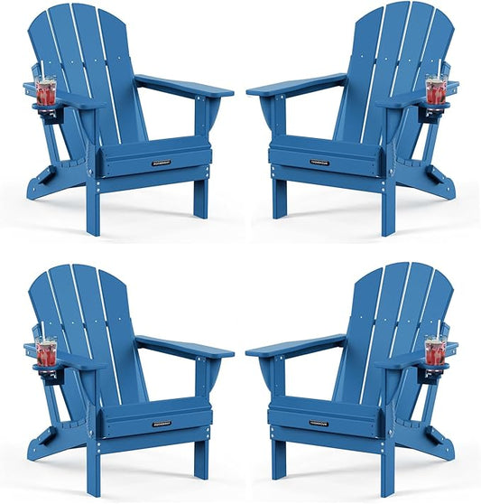 MUCHENGHY Folding Adirondack Chairs HDPE Weather Resistant 4 Pack, Patio Firepit Chairs, Sturdy Outside Chair, Lawn Chairs, 15min Assembly 380lb, Royal Blue