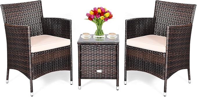 COSTWAY 3 PCS Patio Furniture Set, Outdoor Wicker Conversation Set with Tempered Glass Coffee Table, Seat Cushions, Rattan Wicker Chairs for Poolside Balcony Porch Backyard, Beige