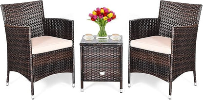 COSTWAY 3 PCS Patio Furniture Set, Outdoor Wicker Conversation Set with Tempered Glass Coffee Table, Seat Cushions, Rattan Wicker Chairs for Poolside Balcony Porch Backyard, Beige