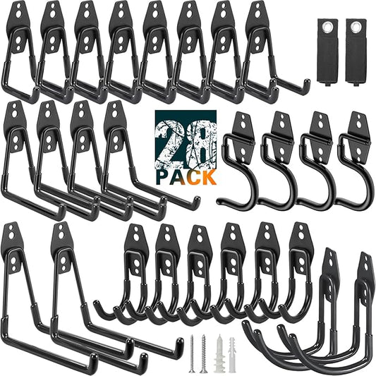 28 Pack Heavy Duty Garage Hooks, Utility Wall Mounted Storage System, with Anti-Slip Coating Hanger, for Hanging Power and Garden Tools, Ladders, Bikes, Ropes and Bulk Items