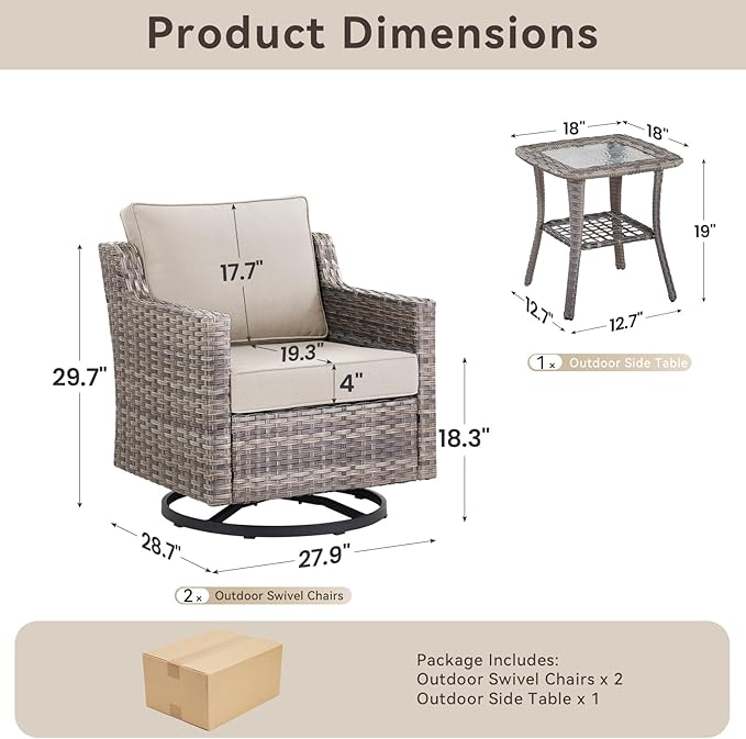 3 Pieces Patio Furniture Set-High Back Swivel Patio Chairs Set of 2 with Outdoor Side Table Patio Table and Chairs Set for Porch Deck Balcony Garden Grey/Beige