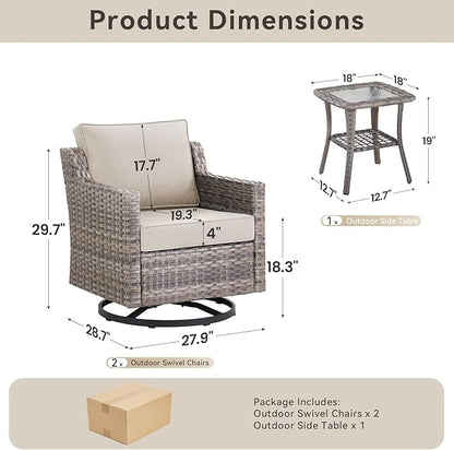 3 Pieces Patio Furniture Set-High Back Swivel Patio Chairs Set of 2 with Outdoor Side Table Patio Table and Chairs Set for Porch Deck Balcony Garden Grey/Beige