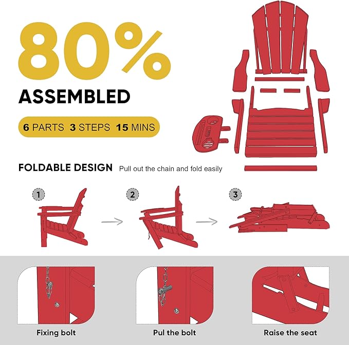 Adirondack Chair, HDPE Folding Adirondack Chair with Multifunctional Cup Holder, Weather Resistant Fire Pit Chair for porches, patios, patios, poolsides, Decks.