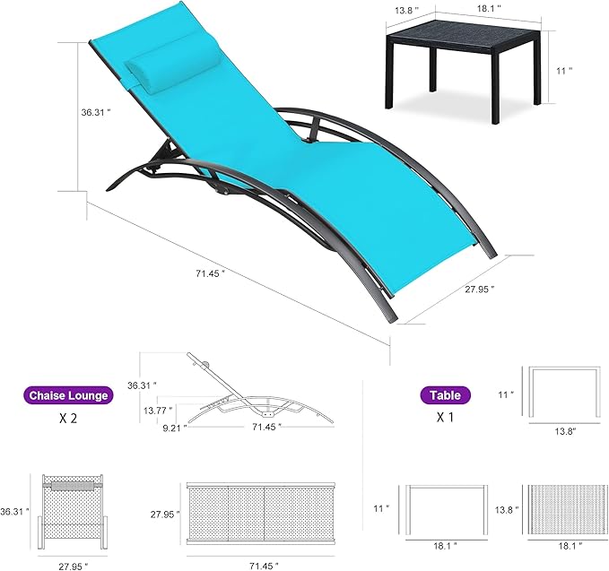 PURPLE LEAF Patio Oversized Chaise Lounge Chair Set with Side Table Poolside Adjustable Recliner Chairs for Outside Beach Outdoor Pool Sunbathing Tanning Lounger