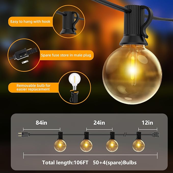 106Ft Outdoor String Light: G40 Waterproof Patio Lights with 12+1 Shatterproof Globe Bulbs-Connectable Hanging Christmas Lights for Backyard, Porch, Deck, Balcony, Garden, Home Decor