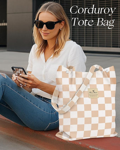 Miss Adola Corduroy Tote Bag for Women - Reusable Totes with Magnetic Buckle & Pocket Aesthetic Design Work Grocery Bags