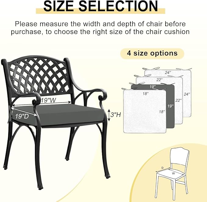 downluxe Outdoor Chair Cushions for Patio Furniture, Waterproof Square Corner Memory Foam Patio Chair Cushion with Adjustable Ties and Portable Handle, 19" x 19" x 3", Dark Grey, 2 Pack