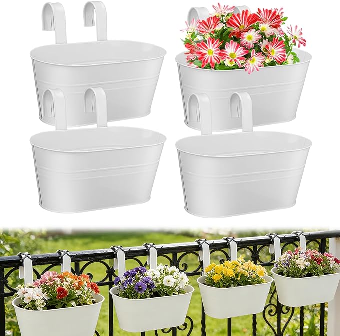 MADHOLLY Railing Planter with Drainage Holes - Sturdy Bucket Pots for Railing Fence, Countryside Style Metal Flower Pots for Herbs Balcony Garden Yard Decor, 4Pcs, White