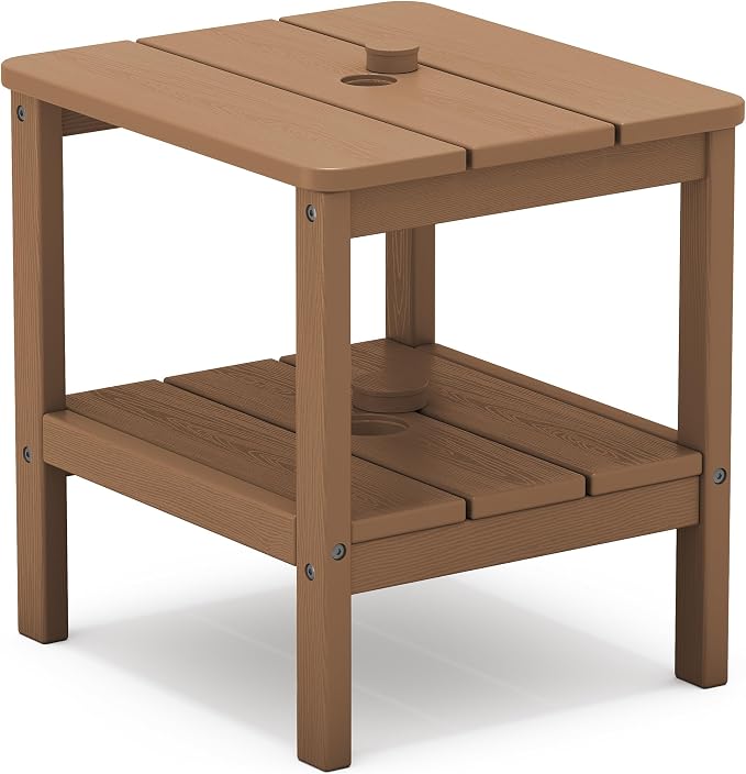 SERWALL 2-Tier HDPE Outdoor Side Table, Weatherproof Rectangular Adirondack Side Table, Brown