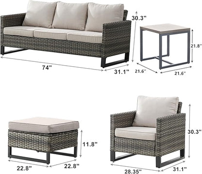 Rilyson Wicker Outdoor Patio Furniture Set - 6 Piece Patio Conversation Set with 2 Armrest Chairs,2 Rattan Ottoman,1 Couch and 1 Metal Side Table for Outside Porch Deck Backyard(Mixed Grey/Beige)