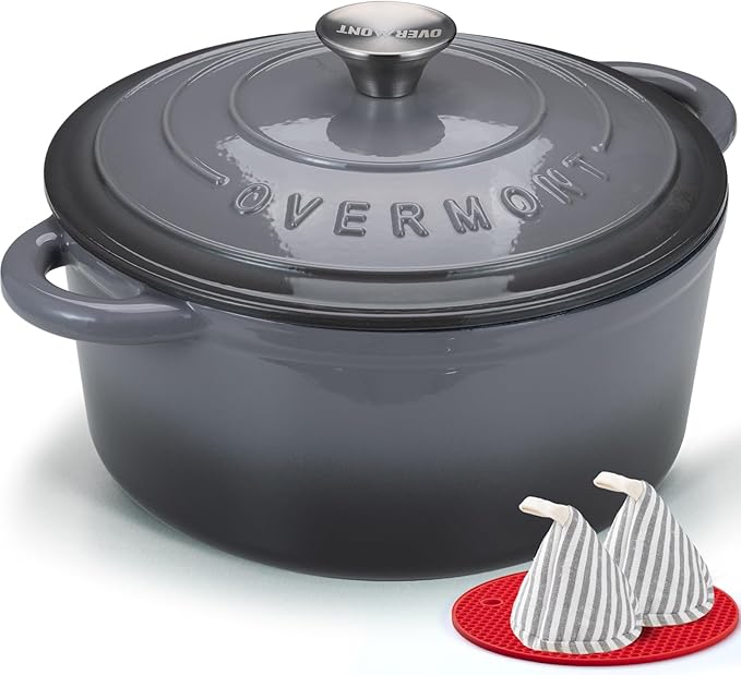 Overmont Enameled Cast Iron Dutch Oven - 7QT Pot with Lid Cookbook & Cotton Potholders - Heavy-Duty Cookware for Braising, Stews, Roasting, Sourdough Baking grey