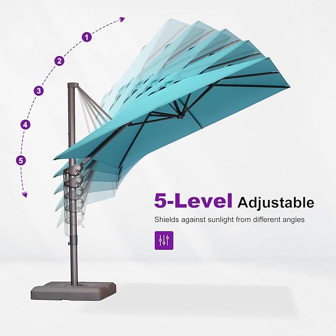 PURPLE LEAF 10' X 13' Patio Cantilever Umbrella with Base Rectangle Umbrella Outdoor with Aluminum Offset Hanging and 360° Rotation for Pool Garden Deck Patio, Turquoise