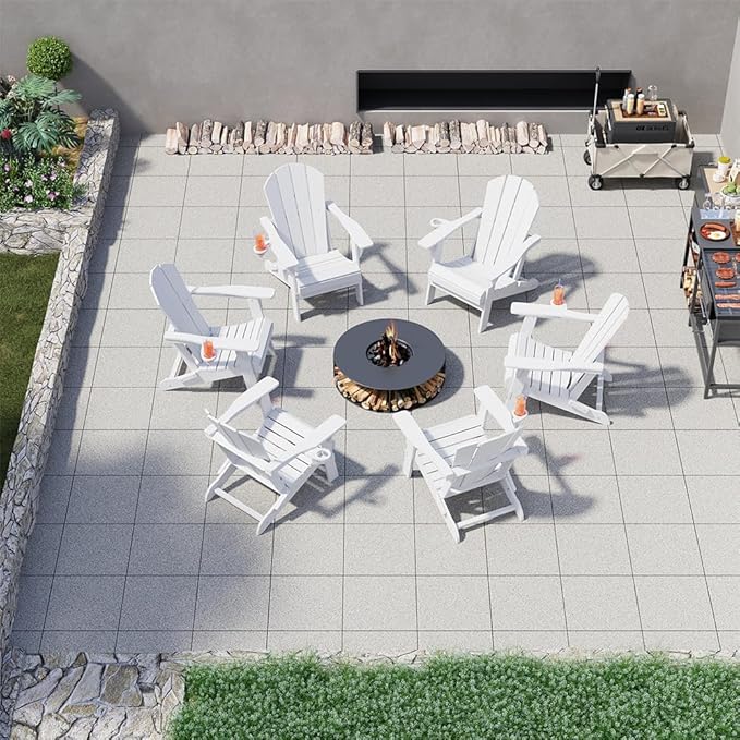 Folding Adirondack Chairs with Cup Holders, Set of 6 HDPE Plastic Outdoor Chairs, Weather Resistant, Real Wood Look, Heavy-Duty Patio Furniture for Deck, Fire Pit, Backyard, White