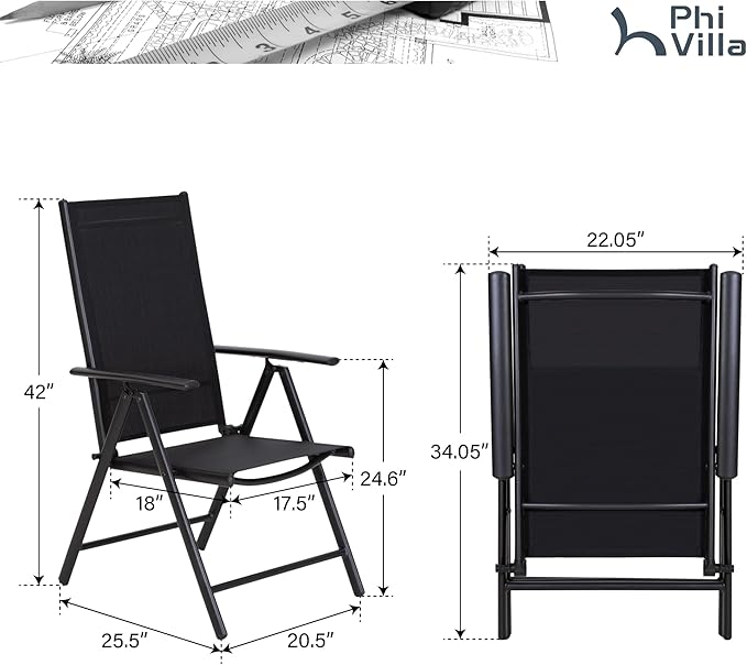 PHI VILLA Patio Folding Chairs Set of 4, Portable Outdoor Dining Chairs with Adjustable Backrest for Outside, Garden, Lawn & Yard, No Assembly, Black