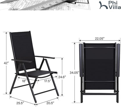 PHI VILLA Patio Folding Chairs Set of 4, Portable Outdoor Dining Chairs with Adjustable Backrest for Outside, Garden, Lawn & Yard, No Assembly, Black