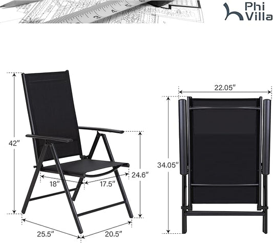 PHI VILLA Outdoor Patio Folding Chairs Set of 2, Portable Patio Dining Chairs with Adjustable Backrest for Outside, Garden, Lawn & Yard, No Assembly, Black