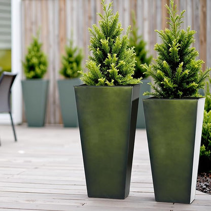 Worth Garden Large Metal Glazed Planter Set of 2 (25" + 28"), Luxurious Glossy Finish Green Tall Square Tapered Steel Plant Pot, Decor Flower Pot Indoor & Outdoor, Drainage Hole & Dual-Purpose Saucer
