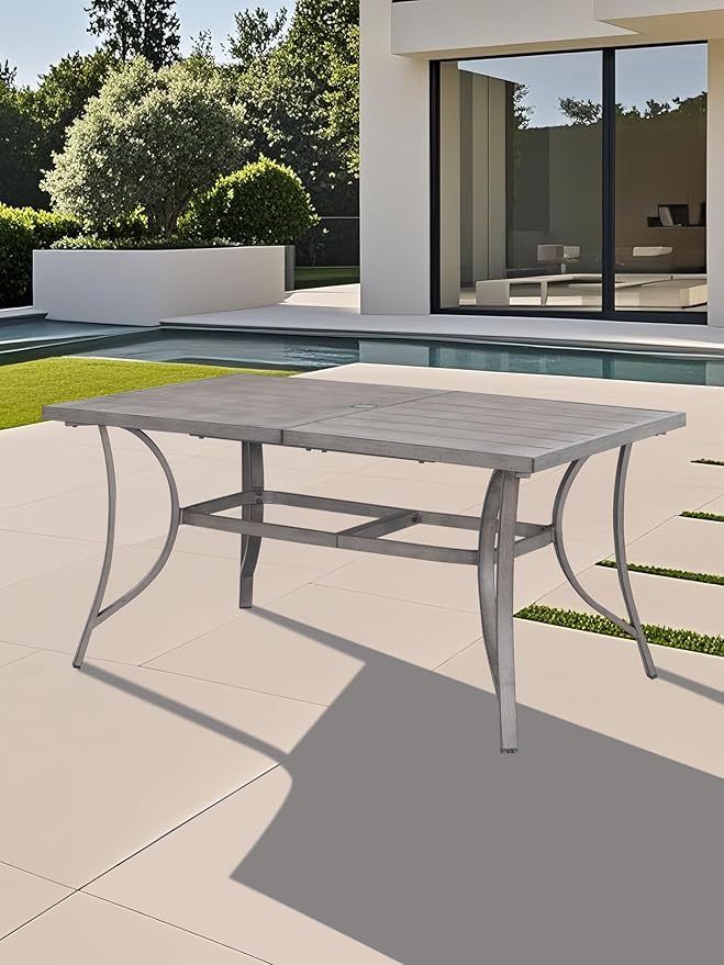Aluminum Patio Dining Table for 6, Limed Oak Outdoor Rectangle Dining Table with Umbrella Hole, Rustproof 6 Person Outdoor Dining Tables for Backyard, Deck, Garden, Poolside, Porch