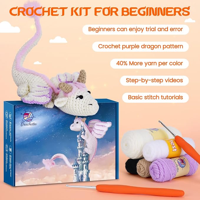 Crochet Kit for Beginners, Beginner Crochet Kit for Adults with Step-by-Step Video Tutorials, DIY Crochet Animal Kits Knitting Supplies, Purple Dragon (40%+ Yarn)