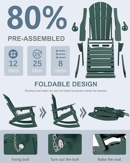 Adirondack Rocking Chairs Set of 2 with Retractable Ottoman, All Weather Folding Adirondack Chair with Two Cup Holders, Adirondack Outdoor Rocking Chairs for Porch, Patio, Balcony. Dark Green