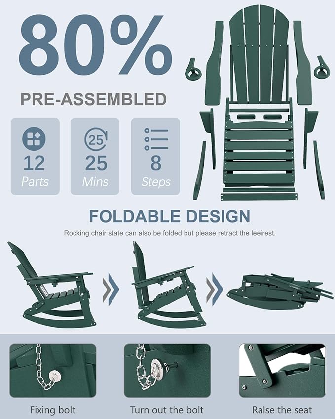 Adirondack Rocking Chairs Set of 6 with Retractable Ottoman, All Weather Folding Adirondack Chair with Two Cup Holders, Adirondack Outdoor Rocking Chairs for Porch, Patio, Balcony. Dark Green