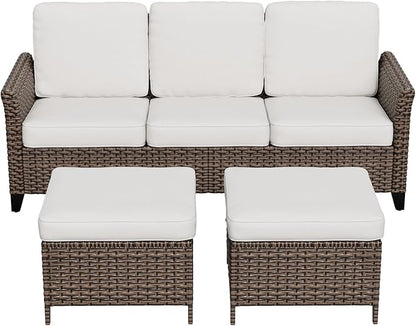 Canyon Ridge Wicker Patio Sofa with 2 Ottomans, Small Balcony Furniture, Outdoor Furniture Set, 3 Seat Couch, Brown/Beige