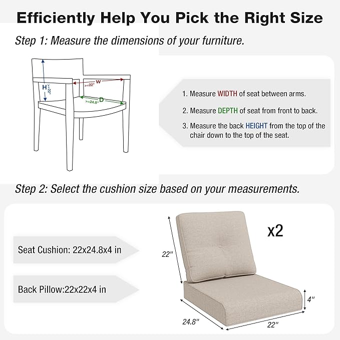 Joyside Outdoor Chair Cushions Set, 22x25/22x24 Inch Patio Furniture Deep Seat Cushions, Water Resistant & Thick Cushion, Outdoor Replacement Cushions for Seat and Sofa (Beige, 2 Set)