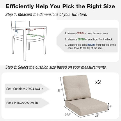 Joyside Outdoor Chair Cushions Set, 22x25/22x24 Inch Patio Furniture Deep Seat Cushions, Water Resistant & Thick Cushion, Outdoor Replacement Cushions for Seat and Sofa (Beige, 2 Set)