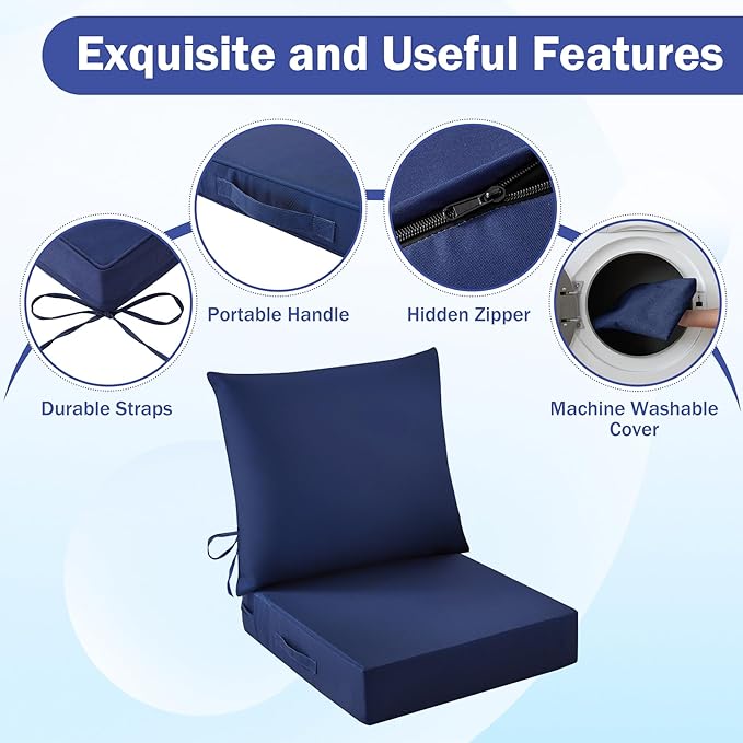 IASEAHK Outdoor Seat Cushion Set, Waterproof & Fade Resistant Patio Chair Cushions, Outdoors Cushion for Patio Furniture, 24 x 24 x 4 Inch, Outdoor Couch Cushions with Handle and Ties, Navy Blue